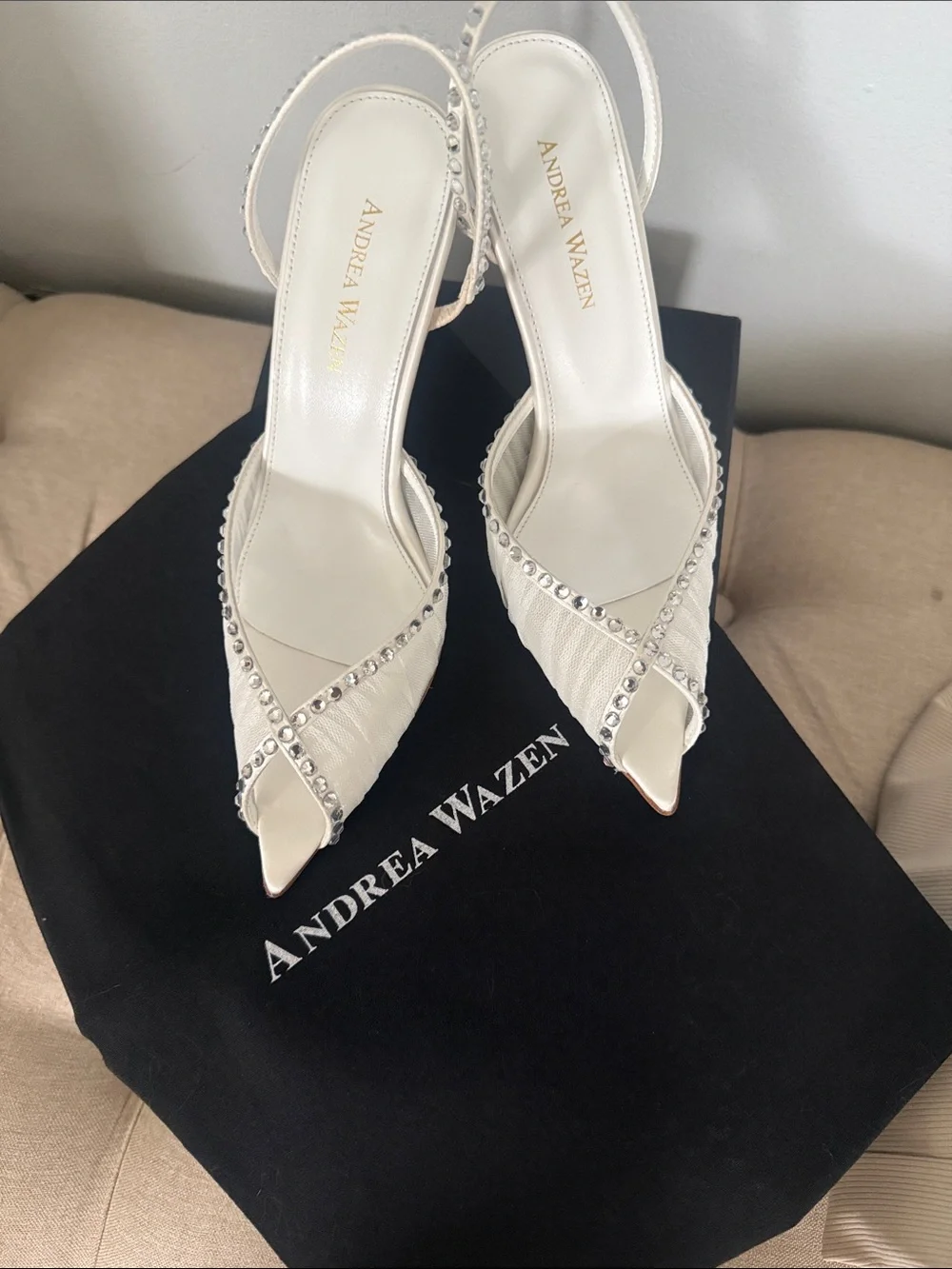Andrea Wazen White Crystal Embellished Slingback Pumps